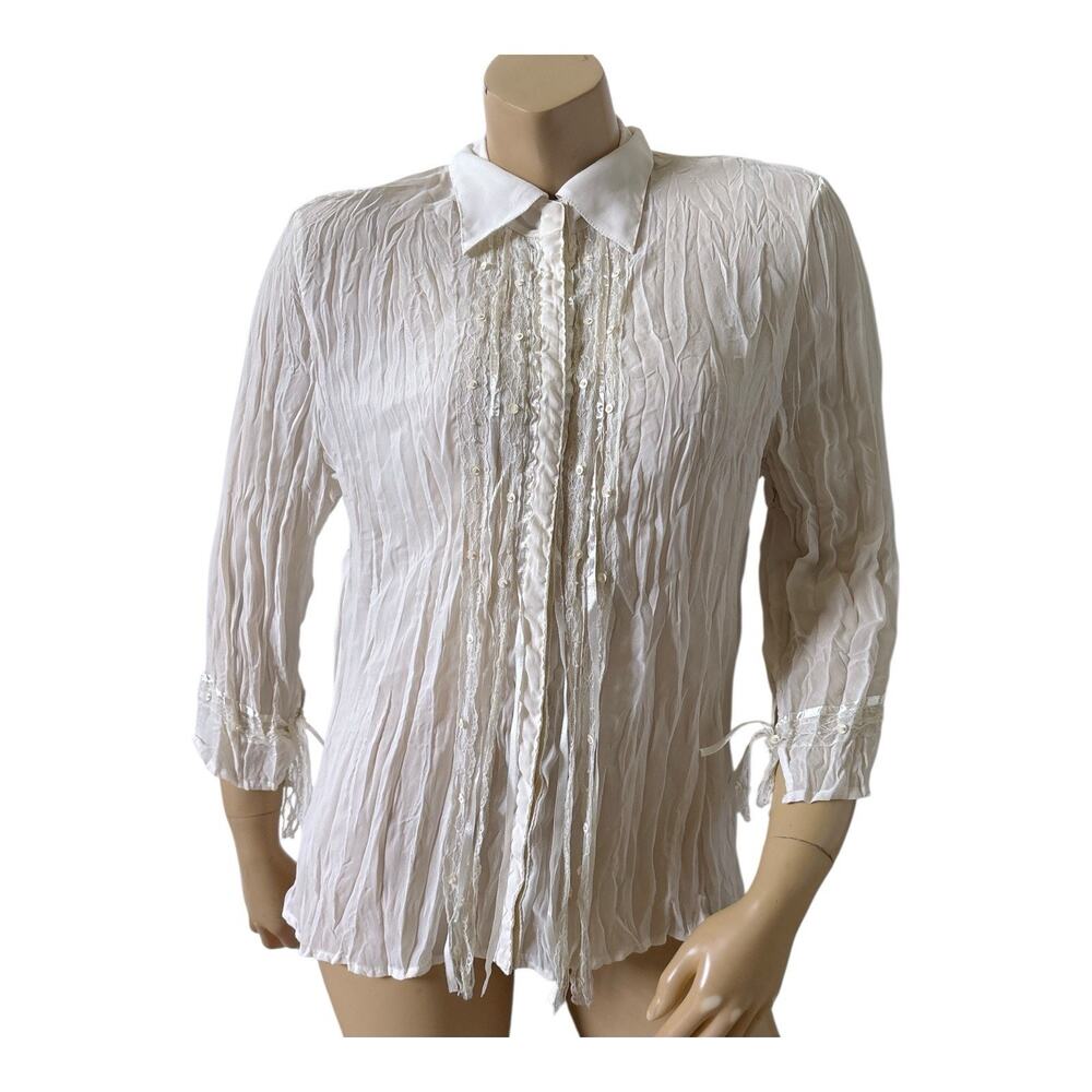 Piano Ivory Blouse Womens L Crinkle Lace Sequin Button Front 3/4 Sleeve Collar
